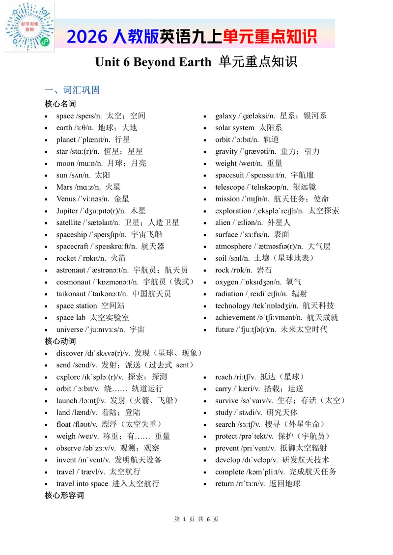 《2026人教英语九上单元重点知识Unit6_初中英语789_26秋最新人教版英语九年级上册_新版_第二套_09知识清单+单元重点知识_单元重点知识》第1页预览