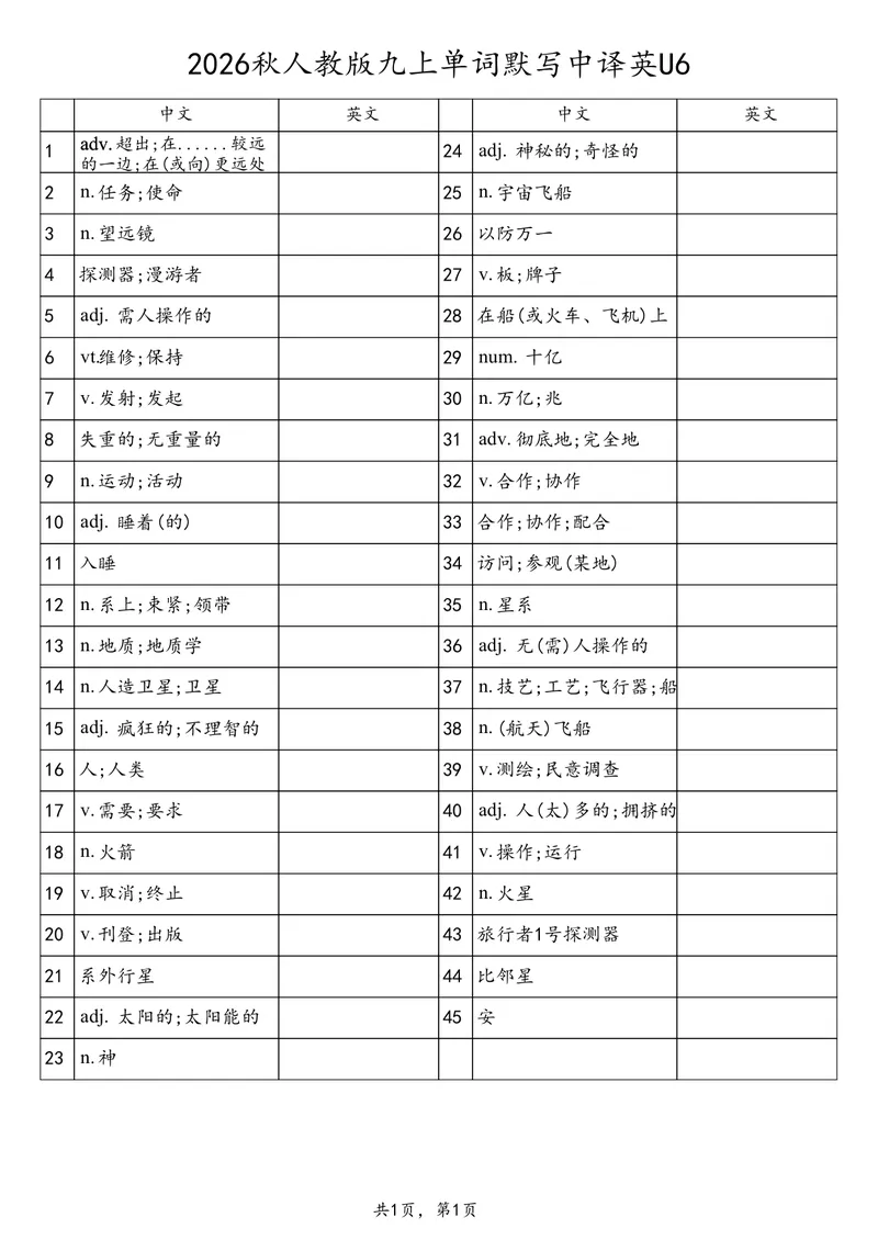 《2026秋人教版九上单词默写中译英U6_初中英语789_26秋最新人教版英语九年级上册_26秋人教九上_03、单词背诵表+默写表（中译英+英译中）PDF版_U6》第1页预览