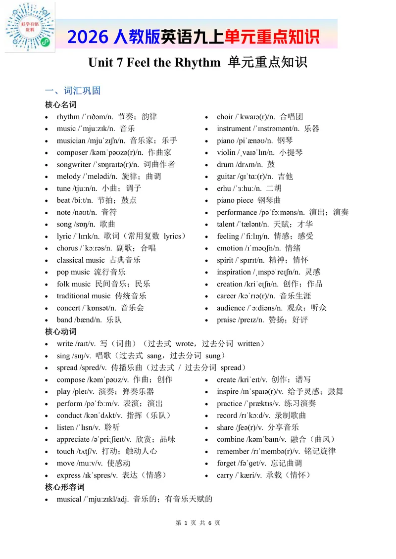 《2026人教英语九上单元重点知识Unit7_初中英语789_26秋最新人教版英语九年级上册_新版_第二套_09知识清单+单元重点知识_单元重点知识》第1页预览