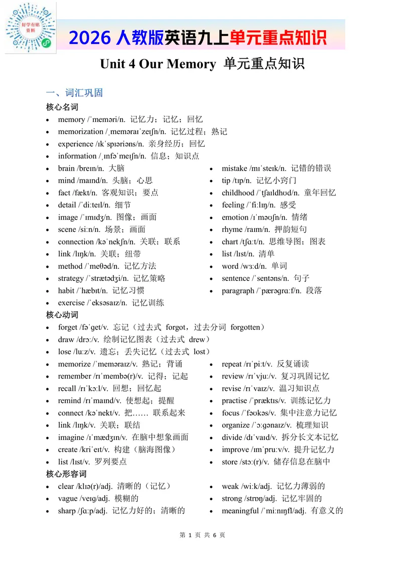 《2026人教英语九上单元重点知识Unit4_初中英语789_26秋最新人教版英语九年级上册_新版_第二套_09知识清单+单元重点知识_单元重点知识》第1页预览