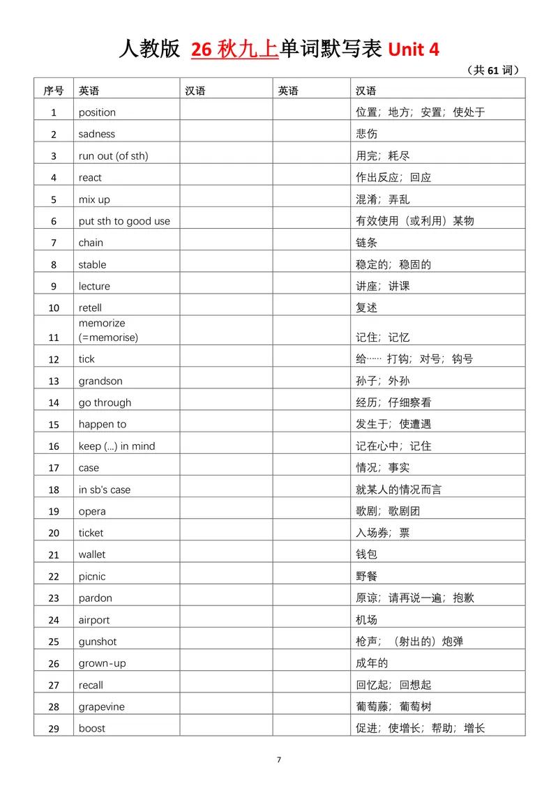 《单词英汉互译默写表_初中英语789_26秋最新人教版英语九年级上册_26秋人教九上_03、单词默写表（中译英+英译中）PDF版+word版》第7页预览