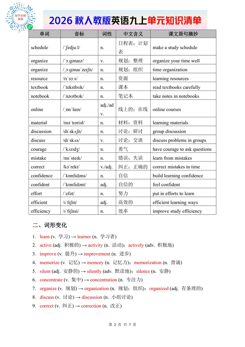 《2026人教版英语九上单元知识清单Unit3_初中英语789_26秋最新人教版英语九年级上册_新版_第二套_09知识清单+单元重点知识_知识清单》第2页预览