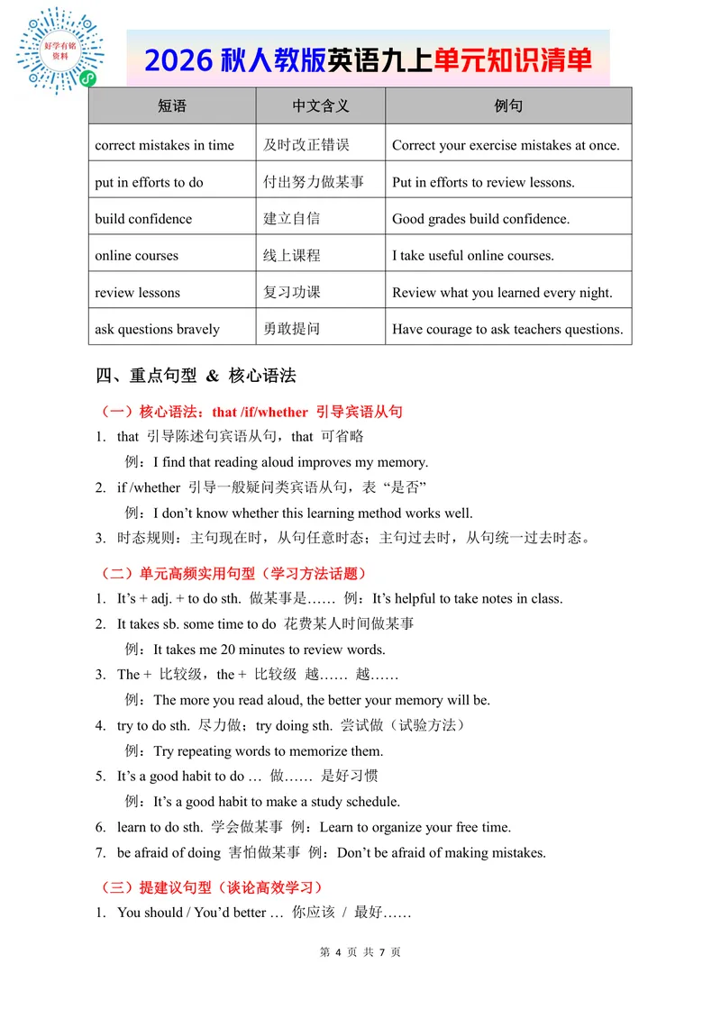 《2026人教版英语九上单元知识清单Unit3_初中英语789_26秋最新人教版英语九年级上册_新版_第二套_09知识清单+单元重点知识_知识清单》第4页预览