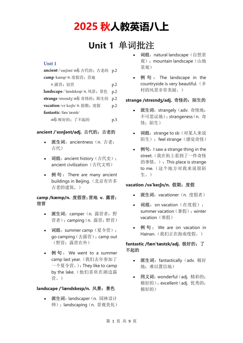 《2025秋八上单词批注Unit1无水印_初中英语789_最新人教版英语八年级上册_新版_最新2025秋人教版英语（八年级上册）_2025秋人教版英语8上：预习资料包_09单词批注（word+pdf)（多套）》第1页预览