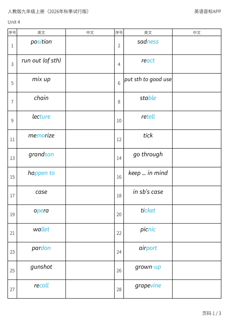 《人教版九年级上册_Unit4英译中_初中英语789_26秋最新人教版英语九年级上册_新版_第二套_04单词类资料_00暴雪制作资料_05.单词背诵默写7个表》第1页预览