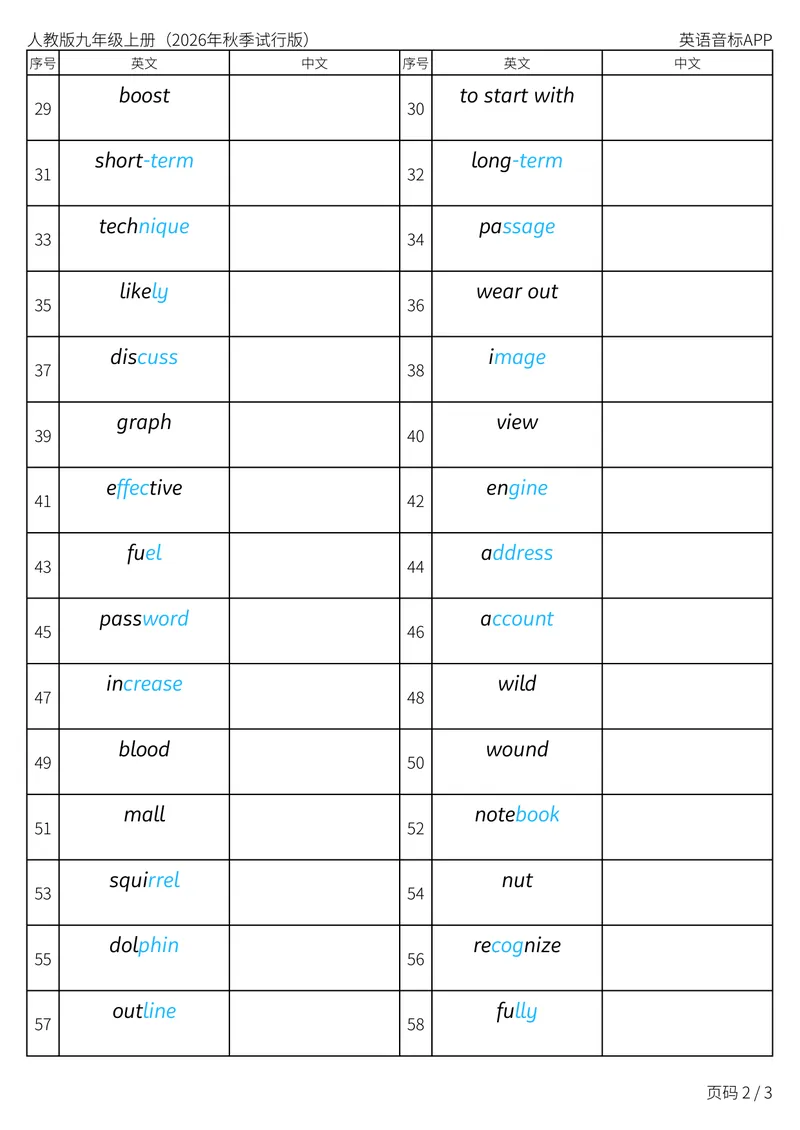 《人教版九年级上册_Unit4英译中_初中英语789_26秋最新人教版英语九年级上册_新版_第二套_04单词类资料_00暴雪制作资料_05.单词背诵默写7个表》第2页预览