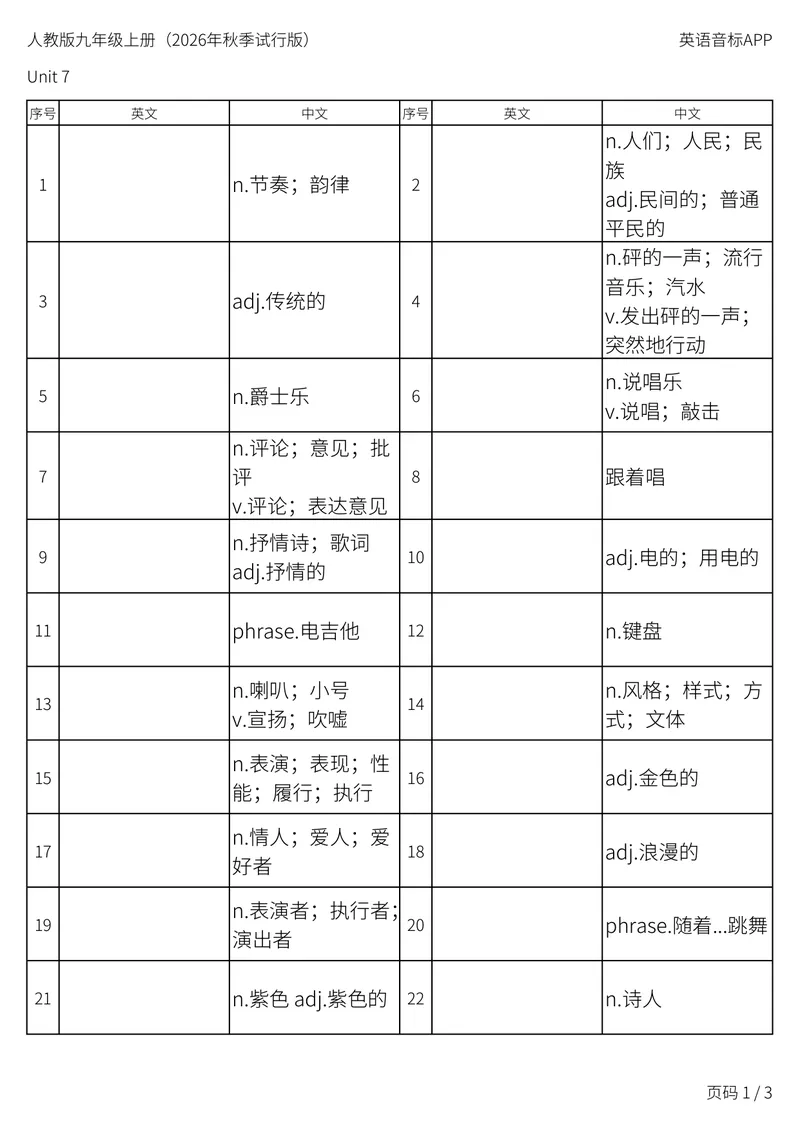 《人教版九年级上册_Unit7中译英_初中英语789_26秋最新人教版英语九年级上册_新版_第二套_04单词类资料_00暴雪制作资料_05.单词背诵默写7个表》第1页预览