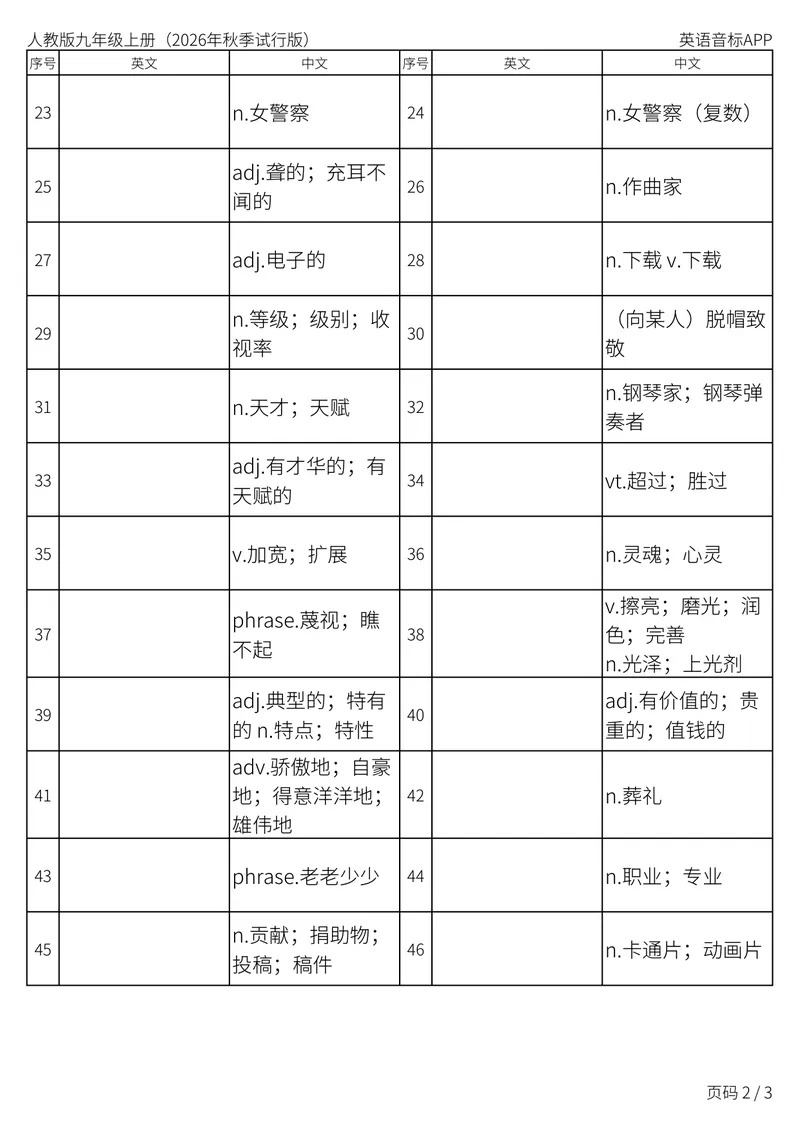 《人教版九年级上册_Unit7中译英_初中英语789_26秋最新人教版英语九年级上册_新版_第二套_04单词类资料_00暴雪制作资料_05.单词背诵默写7个表》第2页预览