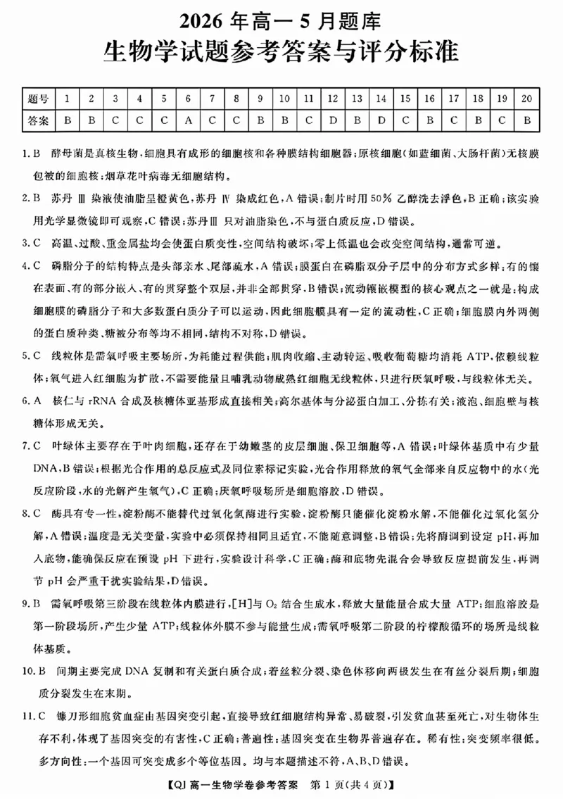 《生物答案2605高一强基联盟_2024-2027高一（7-7月题库）(1)_2026年06月高一试卷_260603浙江强基联盟2025-2026学年高一下学期5月阶段检测（全）》第1页预览
