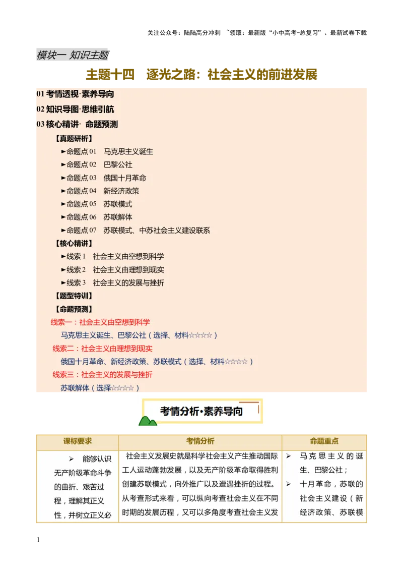 《专题14逐光之路：社会主义的前进发展（讲练）（解析版）(1)_中考-总复习（2026版）_06-历史-中考总复习_2025年中考复习资料_2025中考二轮课件ppt+讲义+练习历史_讲义+练习》第1页预览