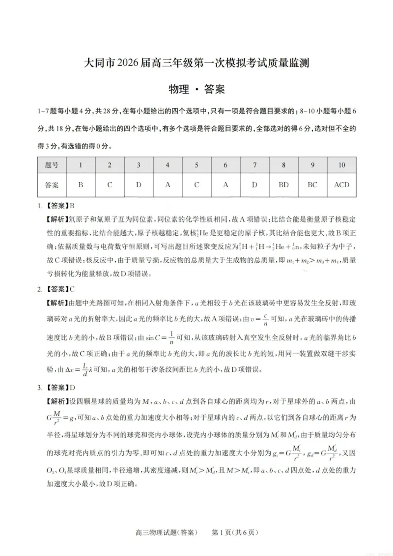 《2026届高三年级第一次模拟考试质量监测试卷物理答案_12.2026年4月全国各地高考模拟卷_2026届山西省高三年级第一次模拟考试质量监测》第1页预览