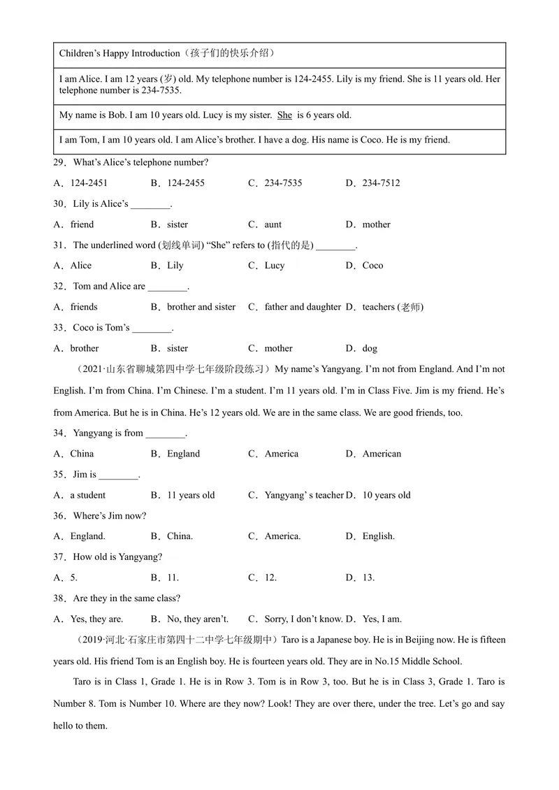 《Unit1单元话题阅读理解专项练习-七年级英语上册单元重难点易错题精练（人教版）_初中英语789_最新人教版英语七年级上册_英语7上最新改版_04.英语7上-试题_专题训练》第4页预览
