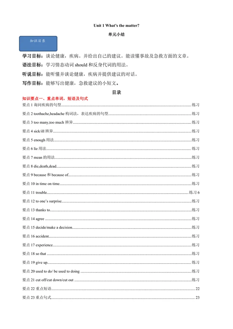 《Unit1单元小结（学生版）_初中英语789_最新人教版英语八年级下册_旧版（有参考价值）_版本二_八年级英语下册（人教版）_大单元教学课件+教学设计-U44_Unit1What'sthematter》第1页预览