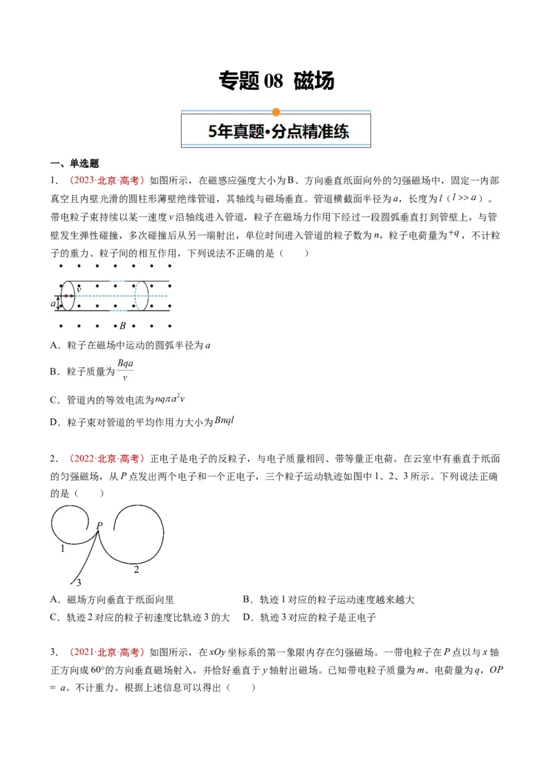 《专题08磁场（学生版）_北京高考全科_物理_五年（2020-2024）高考物理真题分类汇编（北京专用）》第1页预览