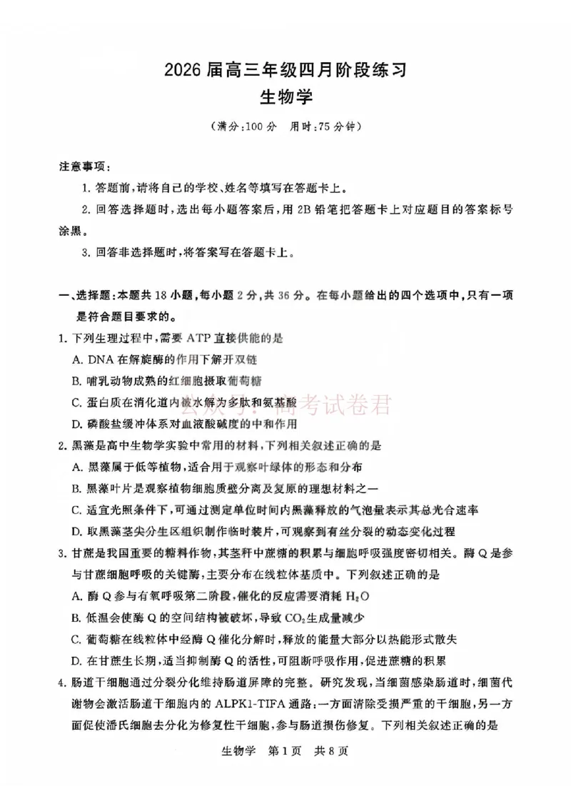 《T8联考2026届高三4月阶段练习（湖北版）生物+答案_副本(1)_12.2026年4月全国各地高考模拟卷_2026年4月_2026届湖北T8联考高三下学期4月联合测评全科》第1页预览