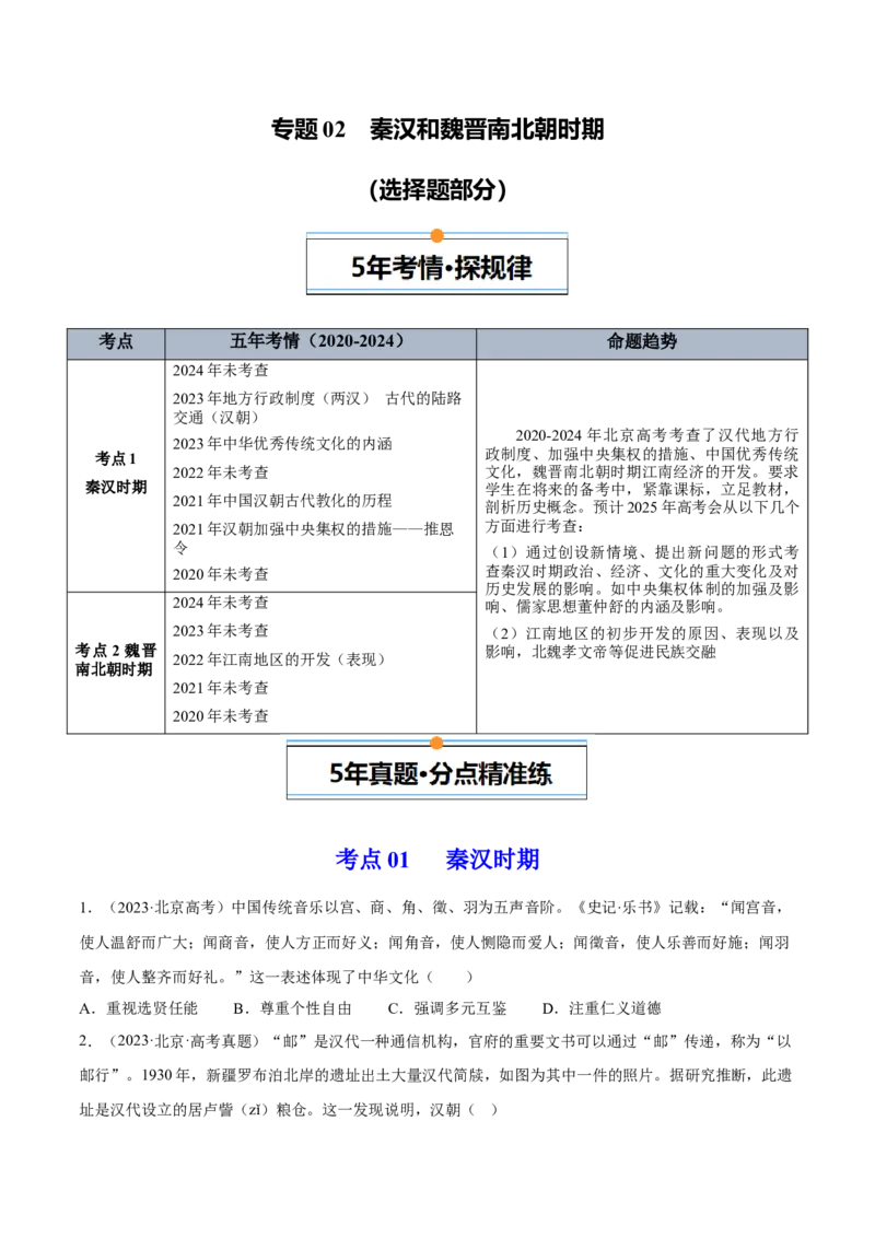 《专题02秦汉和魏晋南北朝时期（学生版）_北京高考全科_历史_五年（2020-2024）高考历史真题分类汇编（北京专用）》第1页预览