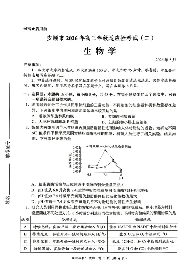 《2026年高三年级适应性考试（二）生物_2024-2027高三（6-6月题库）_2026年05月高三试卷_260511贵州省（贵阳市、铜仁市、安顺市）2026年高三年级适应性考试（二）（全科）》第1页预览