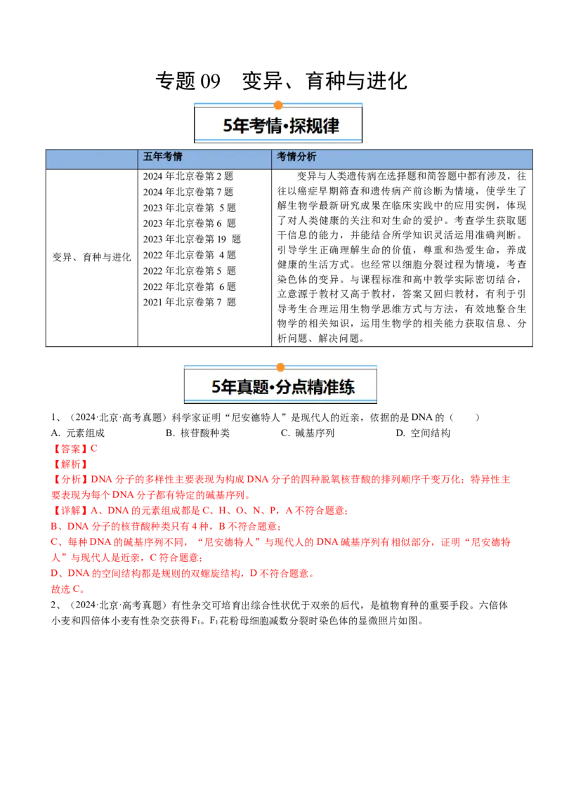 《专题09变异、育种与进化（教师版）_北京高考全科_生物_五年（2020-2024）高考生物真题分类汇编（北京专用）》第1页预览