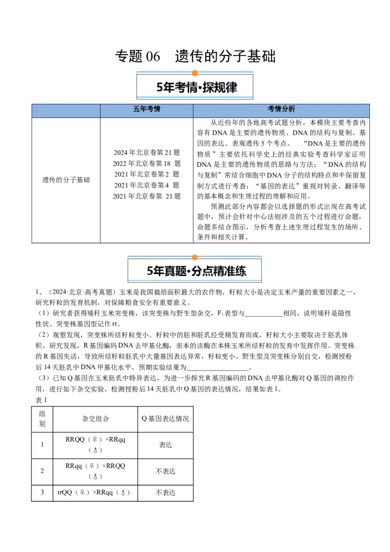 《专题06遗传的分子基础（教师版）_北京高考全科_生物_五年（2020-2024）高考生物真题分类汇编（北京专用）》第1页预览