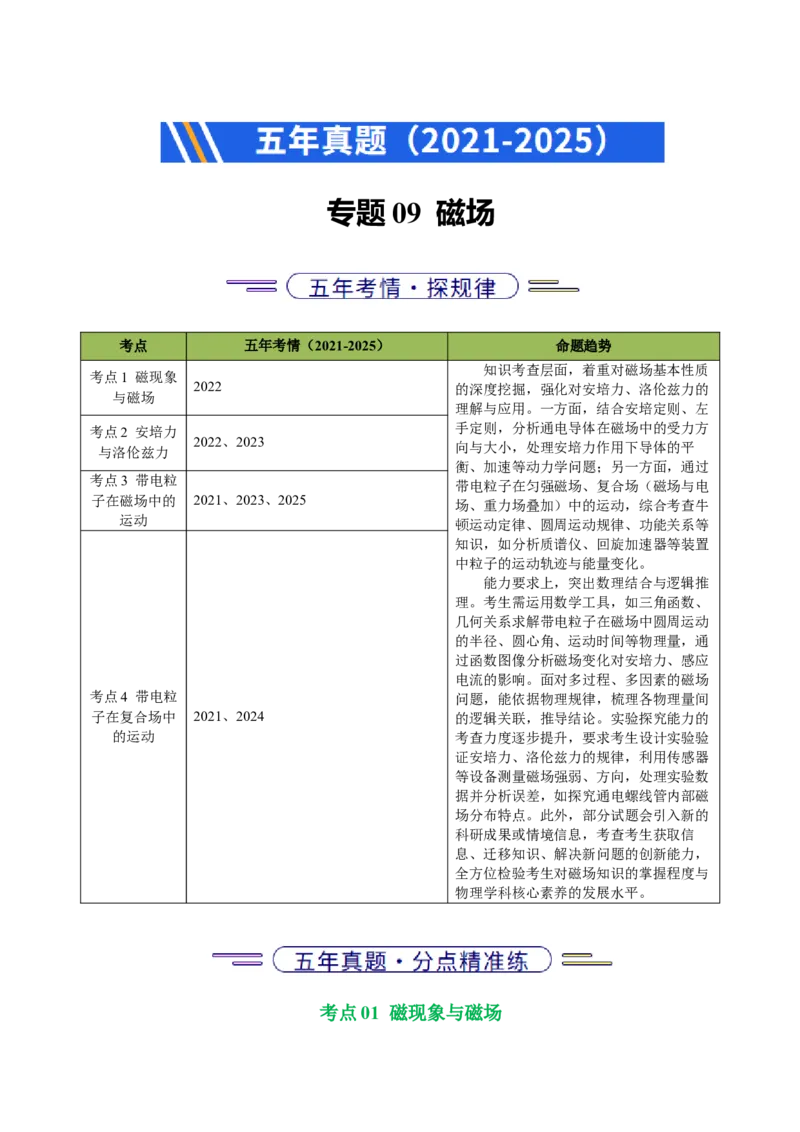 《专题09磁场（北京专用）（教师版）_北京高考全科_物理_5年（2021-2025）高考物理真题分类汇编（北京专用）》第1页预览
