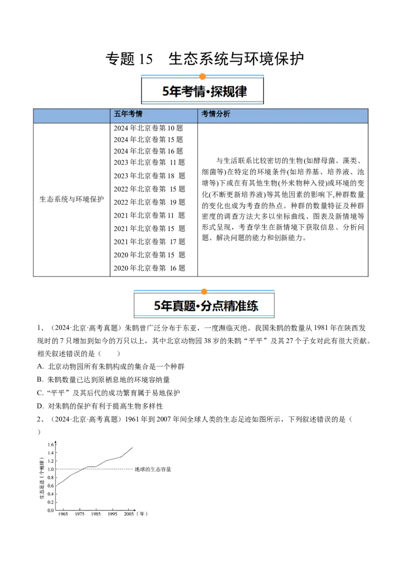 《专题15生态系统与环境保护（学生版）_北京高考全科_生物_五年（2020-2024）高考生物真题分类汇编（北京专用）》第1页预览