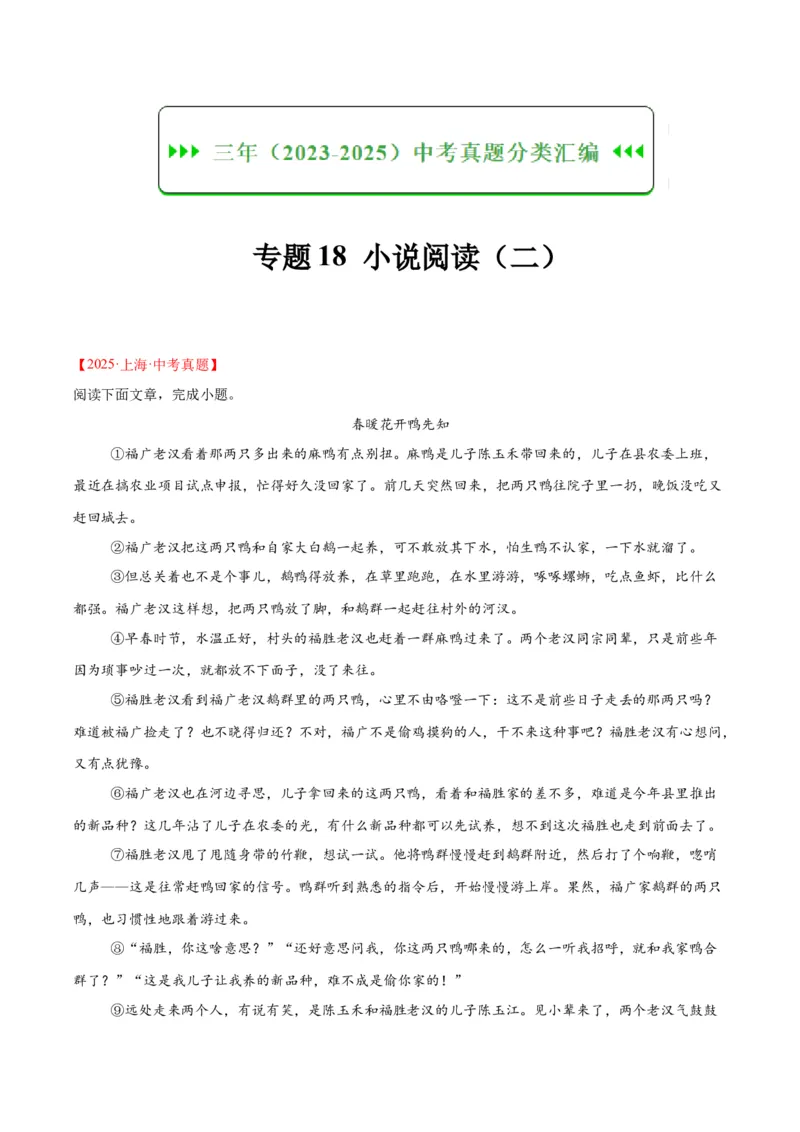 《专题18小说阅读（二）（全国通用）（学生版）_2026年中考真题分类汇编9科_三年（2023-2025）中考语文真题分类汇编（全国通用）-C432》第1页预览