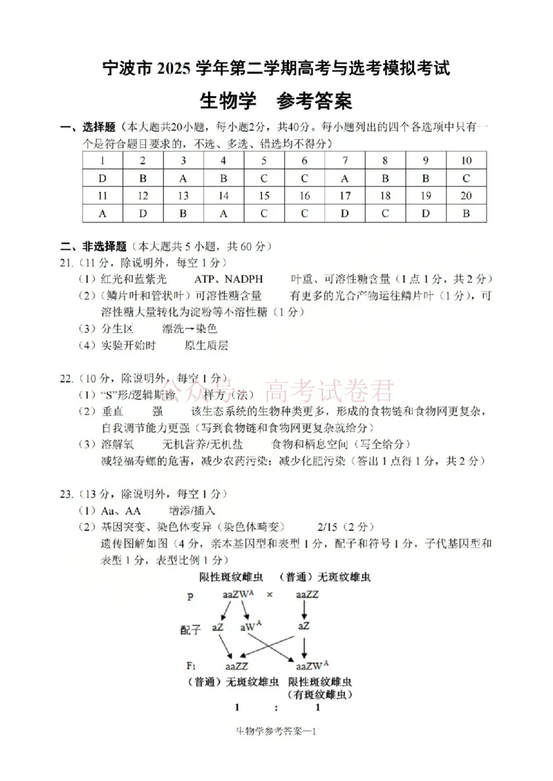 《宁波市2025学年第二学期高考模拟考试生物答案_副本_12.2026年4月全国各地高考模拟卷_2026年4月_2026届浙江省宁波市高三下学期高考模拟考试全科》第1页预览