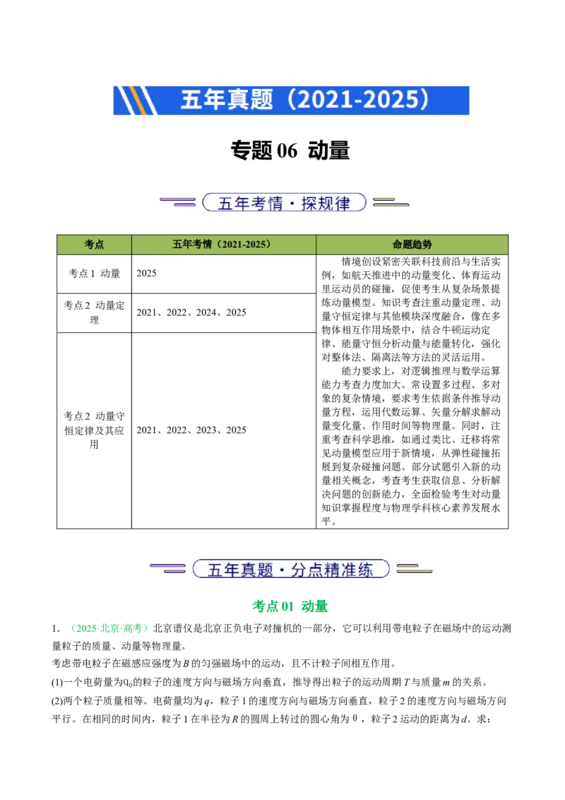 《专题06动量（北京专用）（学生版）_北京高考全科_物理_5年（2021-2025）高考物理真题分类汇编（北京专用）》第1页预览