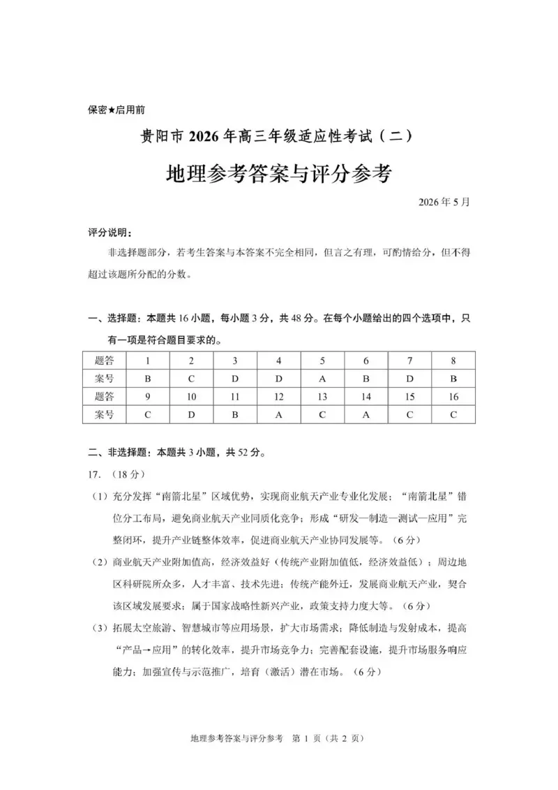 《2026年高三年级适应性考试（二）地理答案_2024-2027高三（6-6月题库）_2026年05月高三试卷_260511贵州省（贵阳市、铜仁市、安顺市）2026年高三年级适应性考试（二）（全科）》第1页预览