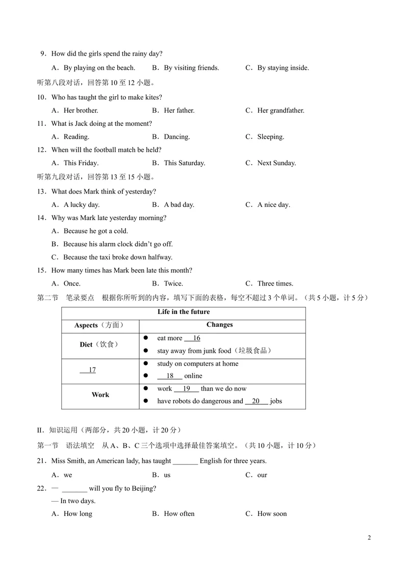 《2016年中考真题精品解析英语（湖南长沙卷）精编word版（原卷版）_初中英语789_最新人教版英语八年级上册_老版（含有参考价值）_8上单元达标测试卷（带听力）_试题_湖南》第2页预览