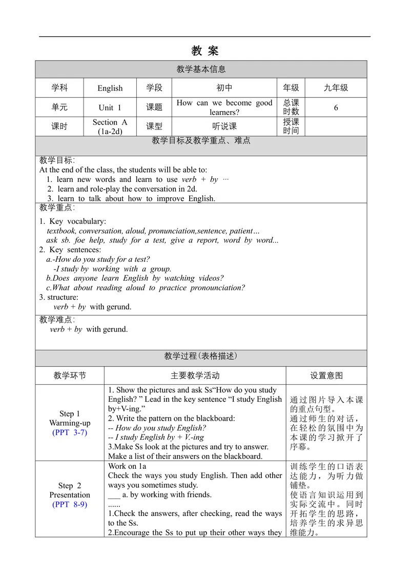 《Unit1SectionA1a-2d_初中英语789_旧版人教版英语九年级全册_旧版可参考_02.英语9全一册-表格式全英教案+PPT课件+朗读第2套_全英教案_Unit1（教案）_Unit1SectionA1a-2d》第1页预览