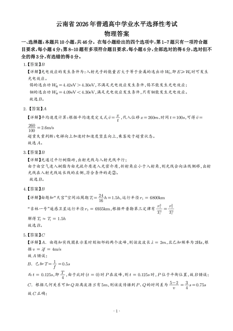 《2026年高考云南卷物理高考真题（网络收集版）（答案版）_2024-2027高三（6-6月题库）_2026年06月高三试卷（数理化）_2026年6月高中物理试卷汇编_0611物理》第1页预览