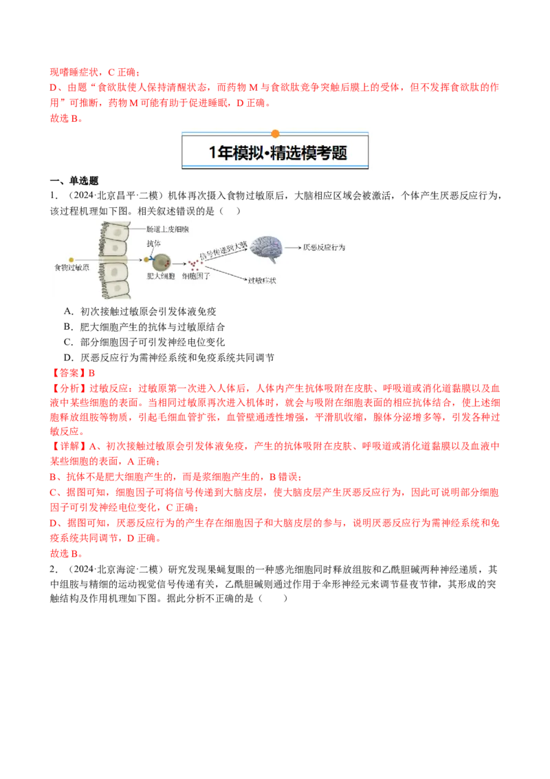 《专题11神经调节（教师版）_北京高考全科_生物_五年（2020-2024）高考生物真题分类汇编（北京专用）》第4页预览