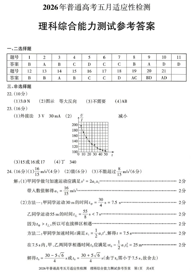 《2026年普通高考五月适应性检测理综答案_2024-2027高三（6-6月题库）_2026年05月高三试卷_260524新疆维吾尔自治区2026年普通高考五月适应性检测（新疆四模）（全）》第1页预览