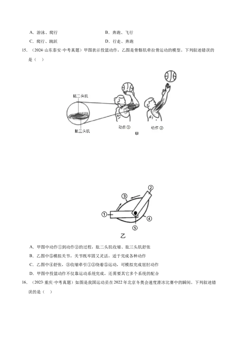 《专题08动物的运动和行为（全国通用）（学生版）_2026年中考真题分类汇编9科_三年（2023-2025）中考生物真题分类汇编（全国通用）-C432》第5页预览