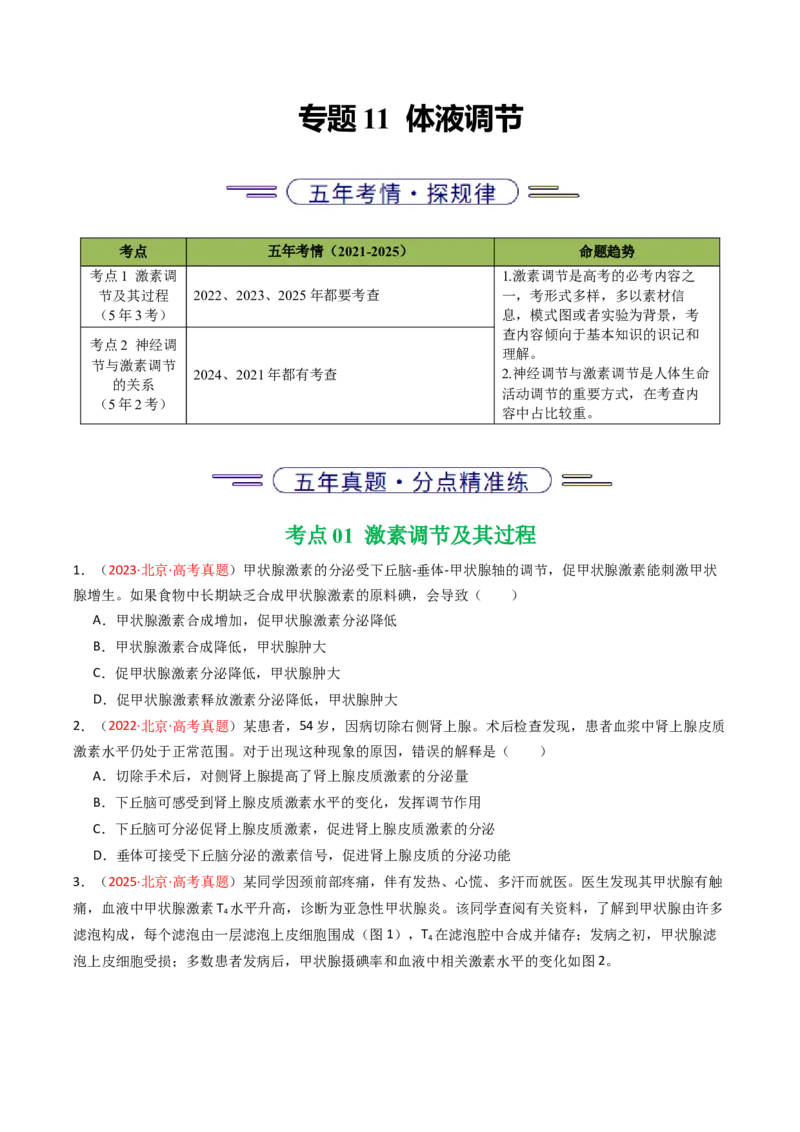 《专题11体液调节（北京专用）（学生版）_北京高考全科_生物_5年（2021-2025）高考生物真题分类汇编（北京专用）》第1页预览