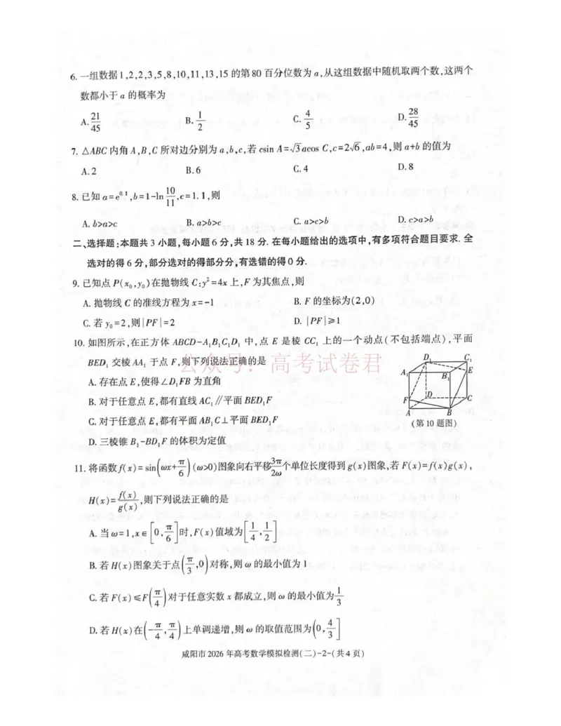 《咸阳市2026年高考模拟检测（二）数学_12.2026年4月全国各地高考模拟卷_2026年陕西省咸阳市高考模拟检测（二）_02数学_陕西省咸阳市高考模拟检测（二）》第2页预览
