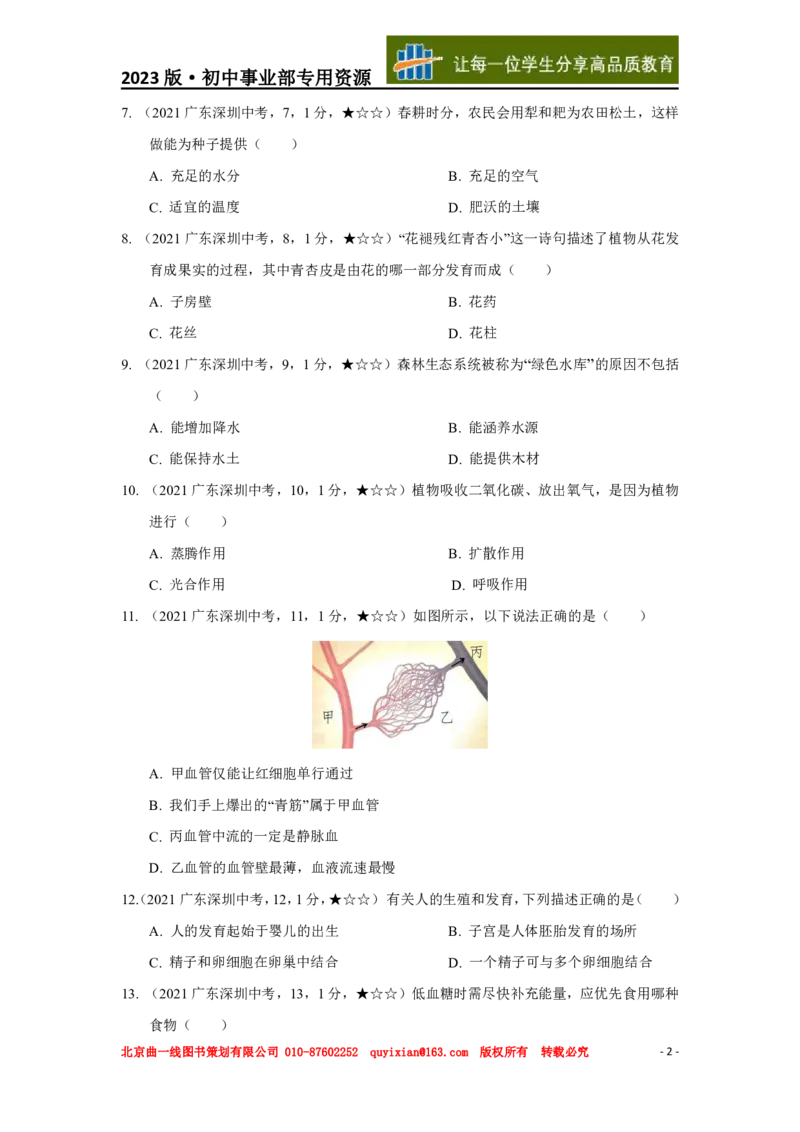 《生物——广东省深圳市pdf版，含答案全解全析_12.2026年4月全国各地高考模拟卷_2026版初中金考卷•45套中考试卷汇编系列合集_全国版中考真题(1)_各省市《历年中考真题》2013-2024(10)》第3页预览