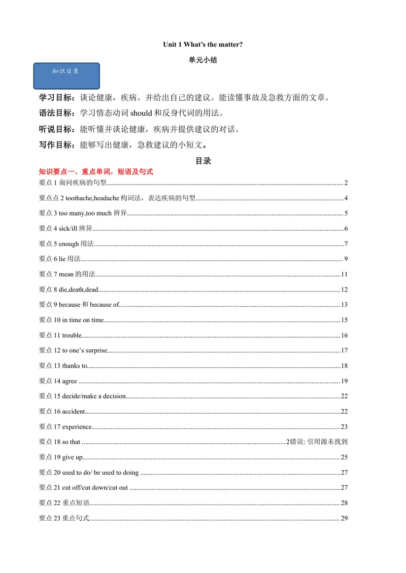 《Unit1单元小结（教师版）_初中英语789_最新人教版英语八年级下册_旧版（有参考价值）_版本二_八年级英语下册（人教版）_大单元教学课件+教学设计-U44_Unit1What'sthematter》第1页预览