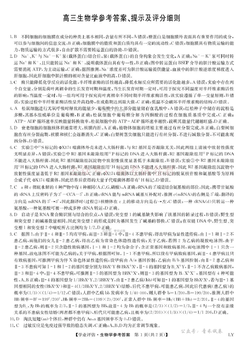 《九师联盟2026届高三下学期4月学业评估生物答案_副本_12.2026年4月全国各地高考模拟卷_2026年4月_2026年九师联盟高三下学期4月学业评估_06生物_九师联盟高三下学期4月学业评估》第1页预览