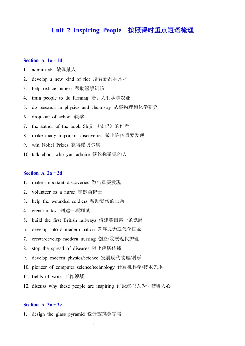 《Unit2InspiringPeople按照课时重点短语梳理_初中英语789_26秋最新人教版英语九年级上册_26秋人教九上_09、单元重点短语梳理word版》第1页预览