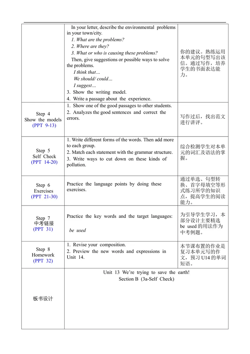《Unit13SectionB3a-SelfCheck_初中英语789_旧版人教版英语九年级全册_旧版可参考_02.英语9全一册-表格式全英教案+PPT课件+朗读第2套_全英教案_Unit13（教案）_Unit13SectionB3a-SelfCheck》第2页预览