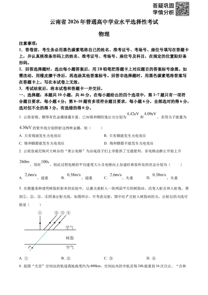 《2026年高考云南卷物理高考真题（网络收集版）（原卷版）_2026高考试卷--_2026高考试卷_2026年《高考物理真题与答案解析》_2026云南卷物理试卷+答案（参考版）》第1页预览