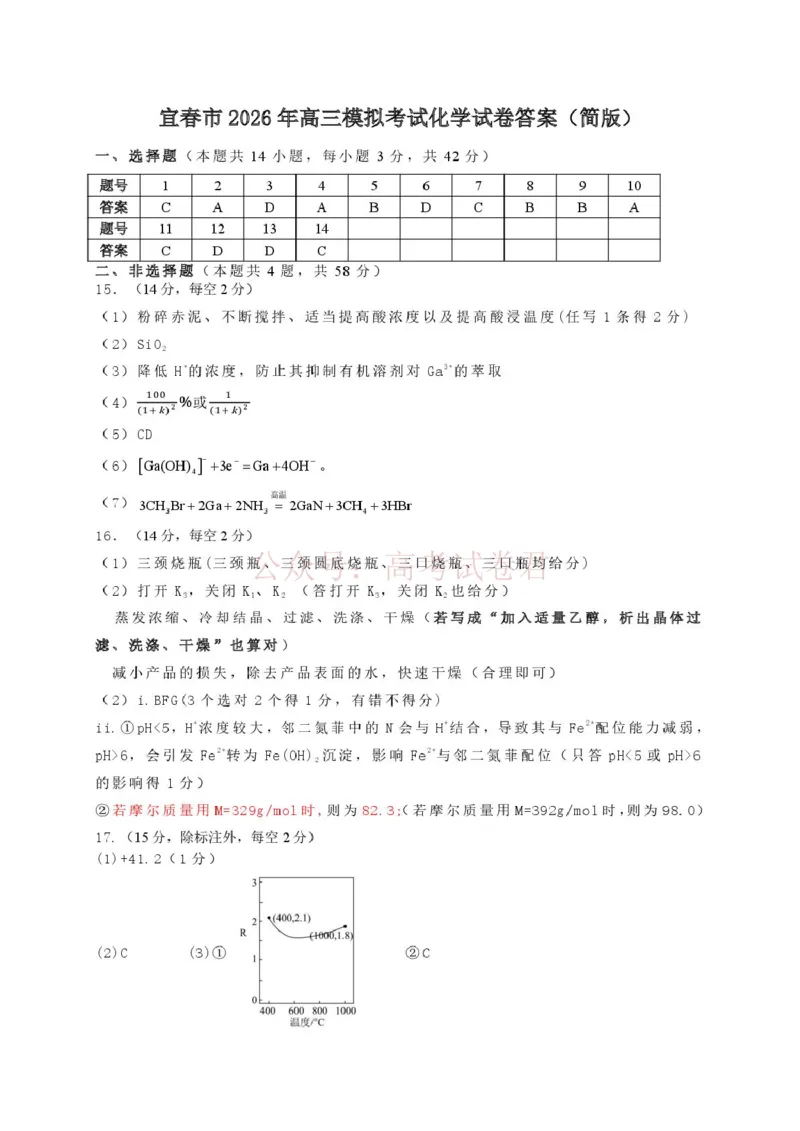 《江西省宜春市2026届高三模拟考试化学答案_12.2026年4月全国各地高考模拟卷_2026年4月_2026年江西省宜春市高三模拟考试_05化学_江西省宜春市高三模拟考试》第1页预览