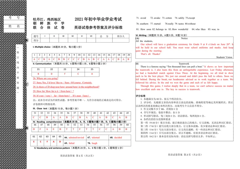 《2021年黑龙江省牡丹江、鸡西地区朝鲜族学校中考英语答案_初中英语789_26秋最新人教版英语九年级上册_人教版英语九年级全册_人教版初中英语9全一册_0最新更新_人教版英语9年级下册_黑龙江》第1页预览