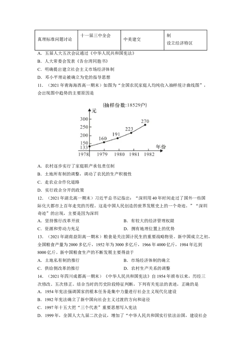 《专题过关10改革开放与社会主义现代化建设新时期（学生版）-高一历史上学期期中期（中外历史纲要上）_新版高中_高中历史新版_高中历史纲要上（统编版）_期中期末》第3页预览