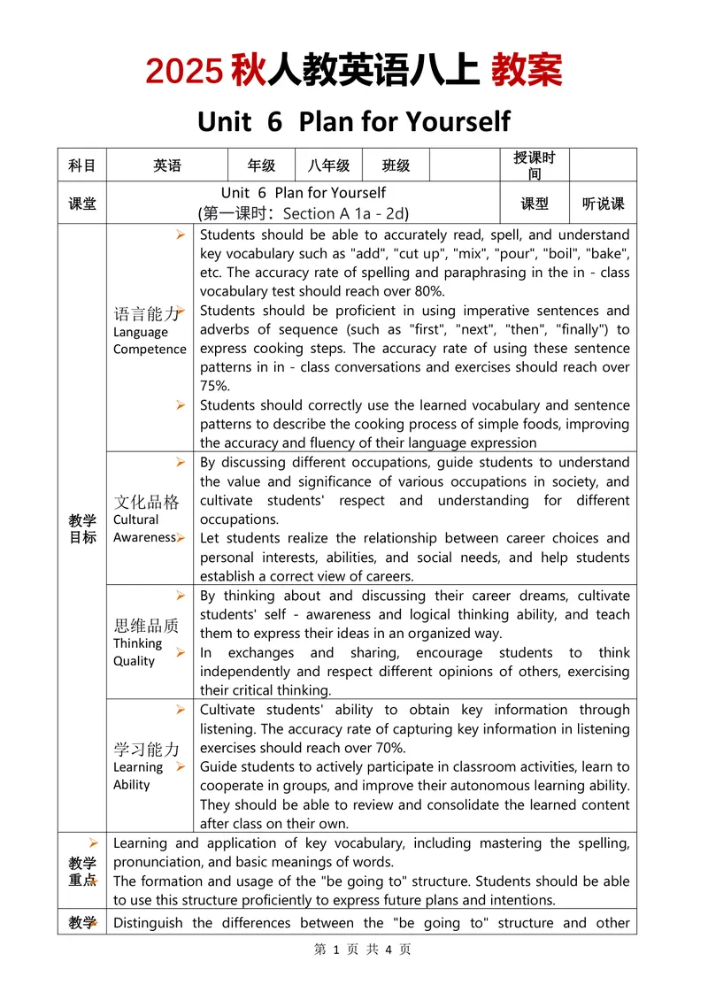 《2025秋人教英语八上教案Unit6第1课时_初中英语789_最新人教版英语八年级上册_新版_最新2025秋人教版英语（八年级上册）_2025秋人教版英语8上：预习资料包_00教案英文（word）（全）》第1页预览