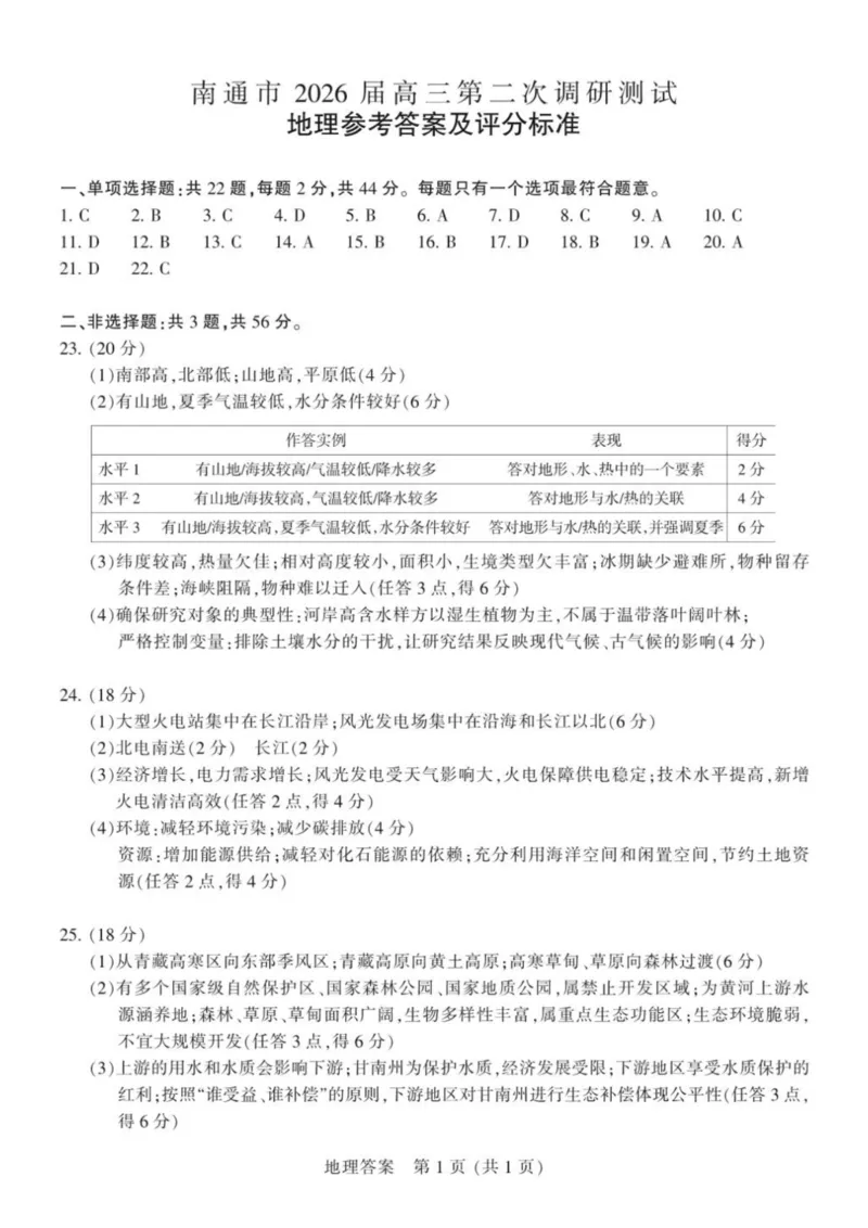 《2026届高三5月模拟考试地理答案_2024-2027高三（6-6月题库）_2026年05月高三试卷_260509江苏省南通市暨苏北七市2026届高三5月第二次调研考试（三模）（全科）》第1页预览