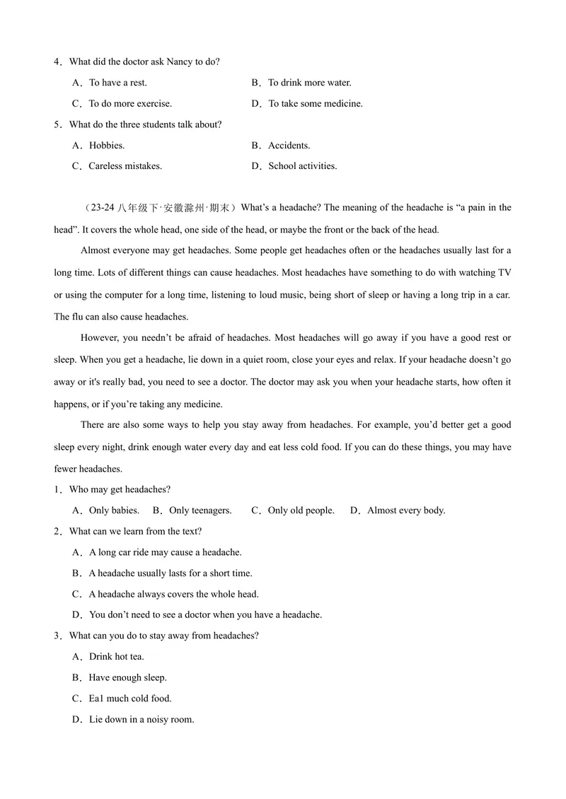 《Unit1What'sthematter单元话题（健康与救护）阅读理解18篇（学生版）_初中英语789_最新人教版英语八年级下册_旧版（有参考价值）_版本二_八年级英语下册（人教版）_重难点讲练-U221》第5页预览