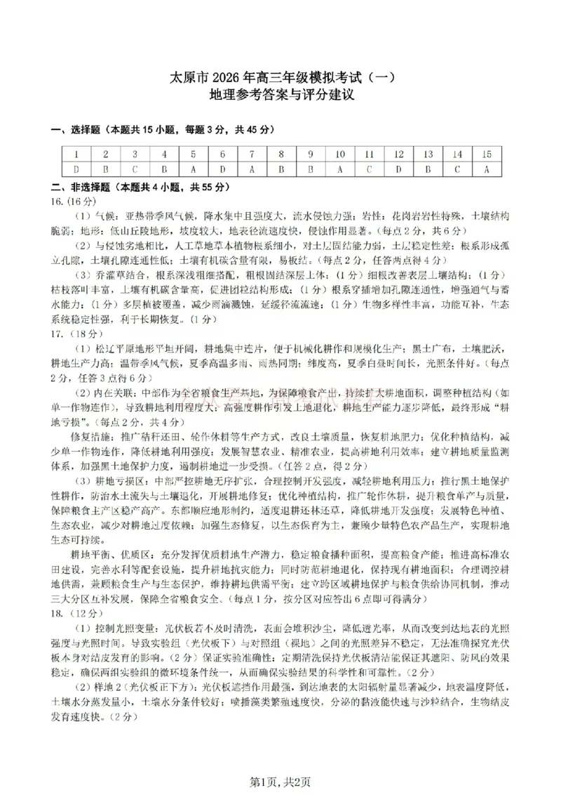 《2026年山西省太原市高三模拟考试（一）地理答案_12.2026年4月全国各地高考模拟卷_2026届山西省太原市高三模拟考试（一）全科_09地理_山西省太原市高三模拟考试（一）》第1页预览